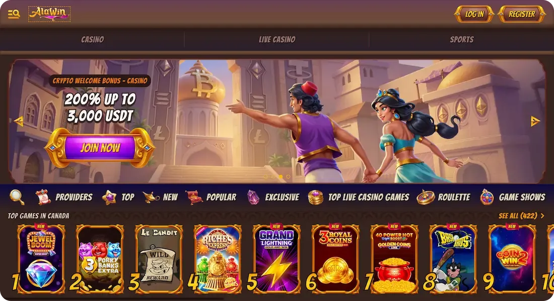 Schermata del sito Alawin Casino